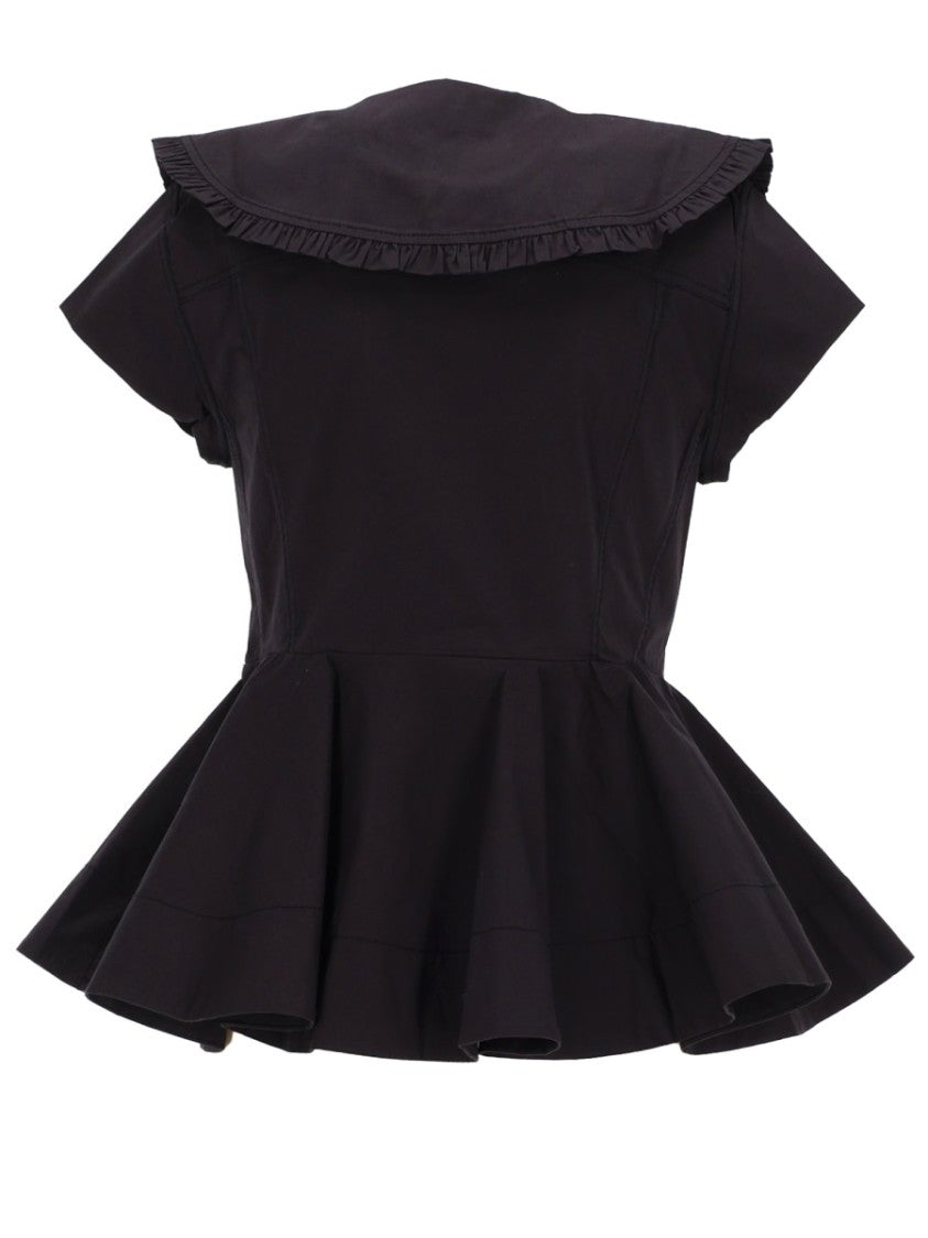 Ganni White Ruffled Collar Peplum Cotton Top