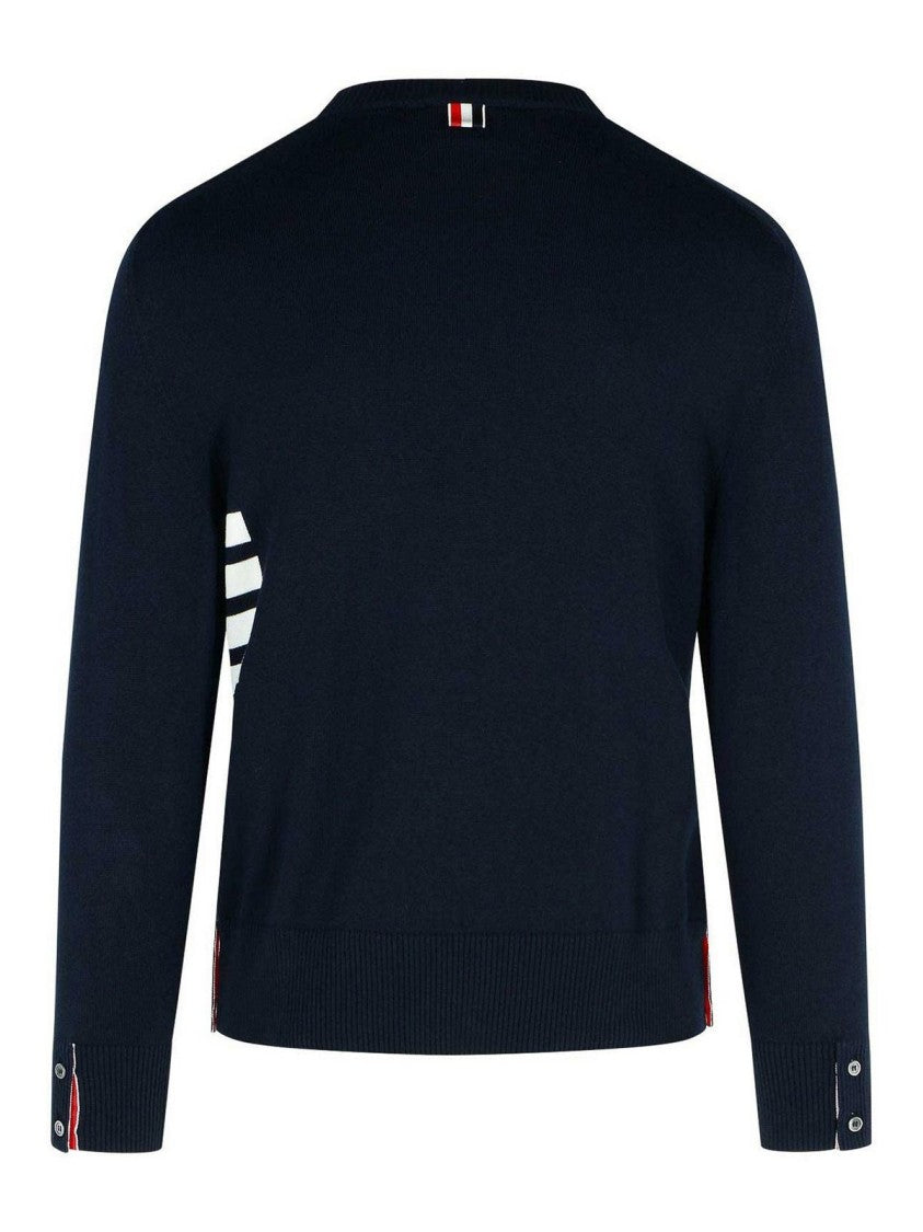 Thom Browne Crew Neck Navy Sweater With Subtle Striped Detail