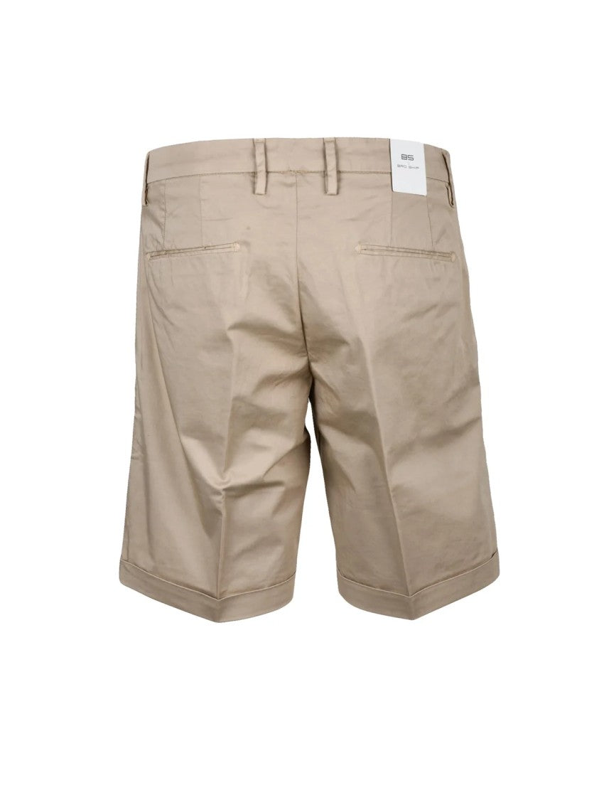 Bro Ship Beige Flat Waist Cuffed Hem Stretch Cotton Shorts