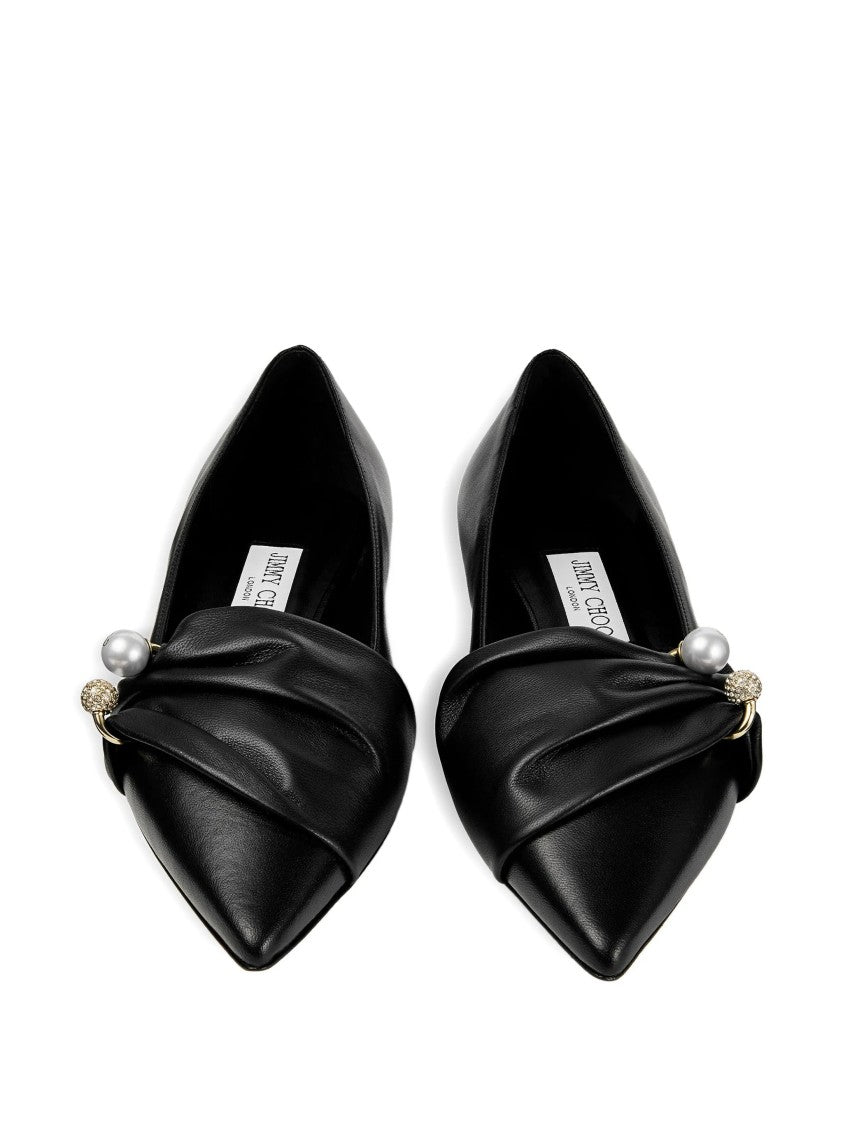 Jimmy Choo Pointed-Toe Nappa Leather Ballerina Flats With Pearl Detail