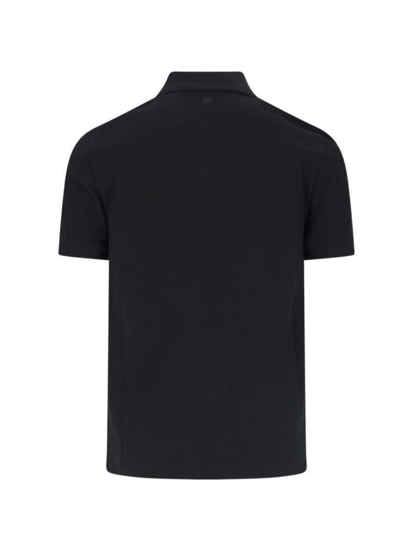Ami Paris Ami De Coeur Embroidered Black Cotton Polo Shirt