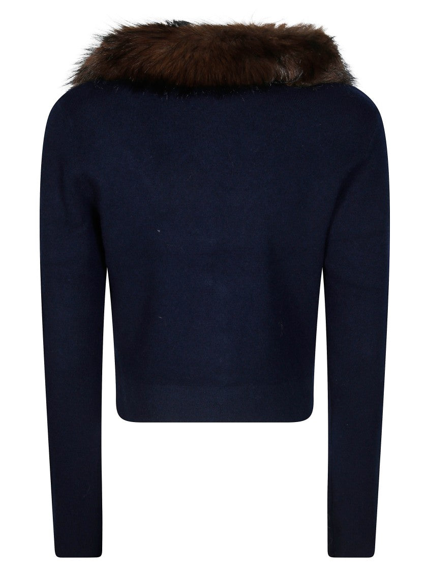 Self-Portrait Navy Faux Fur Collar Cropped Cardigan
