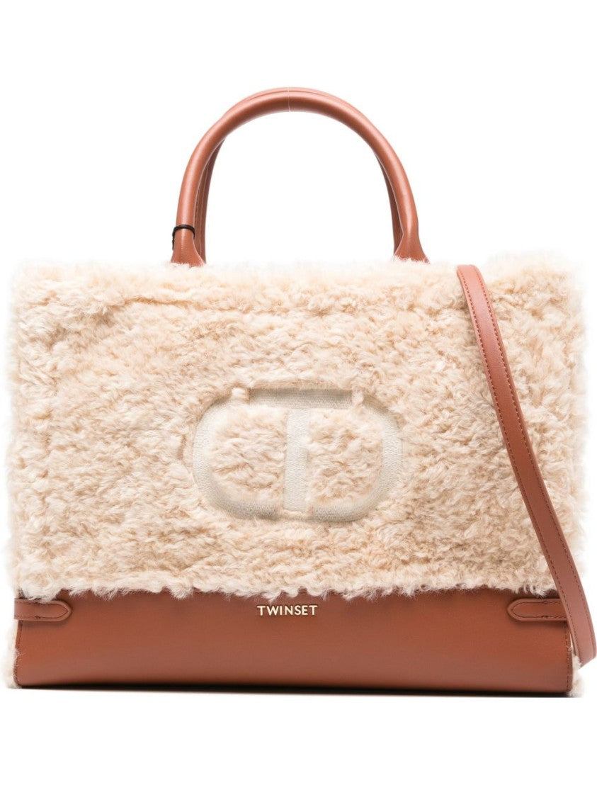 Twin-Set Textured White Shoulder Bag With Leather Base