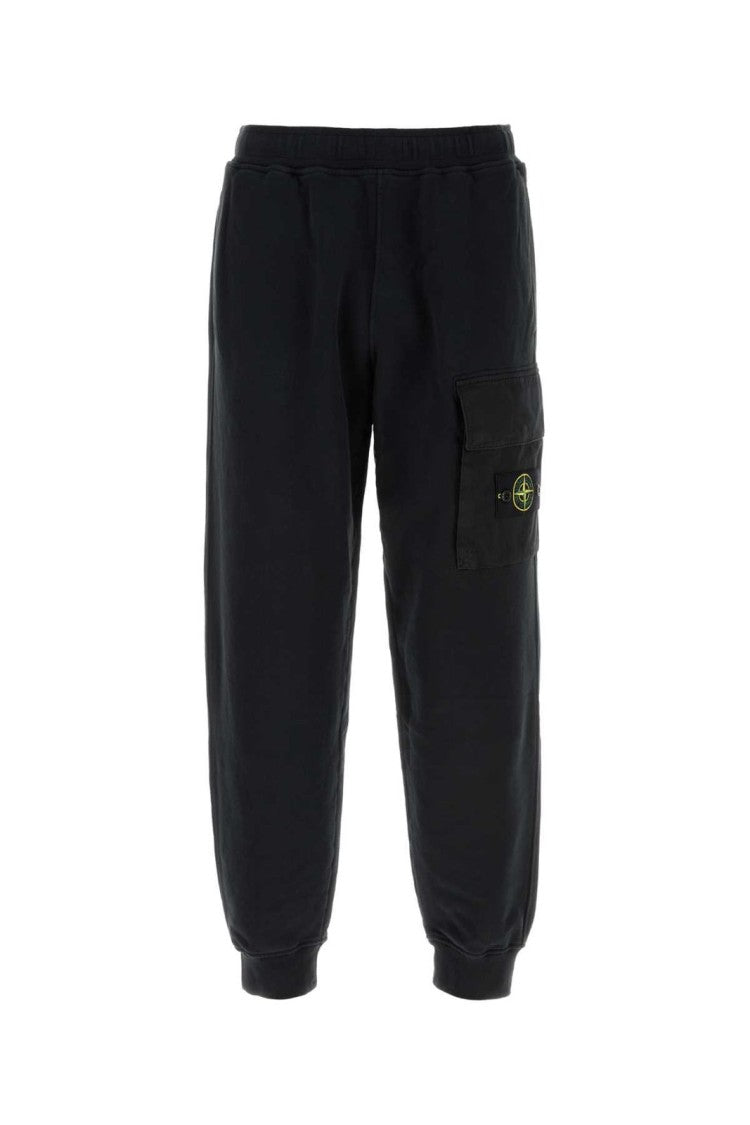 Stone Island Relaxed Fit Black Tapered Cargo Pants With Ribbed Cuffs And Emblem Patch