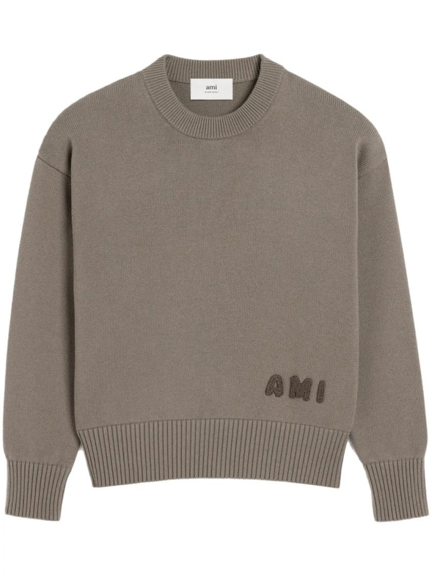 Ami Casual Grey Sweater With Ribbed Cuffs