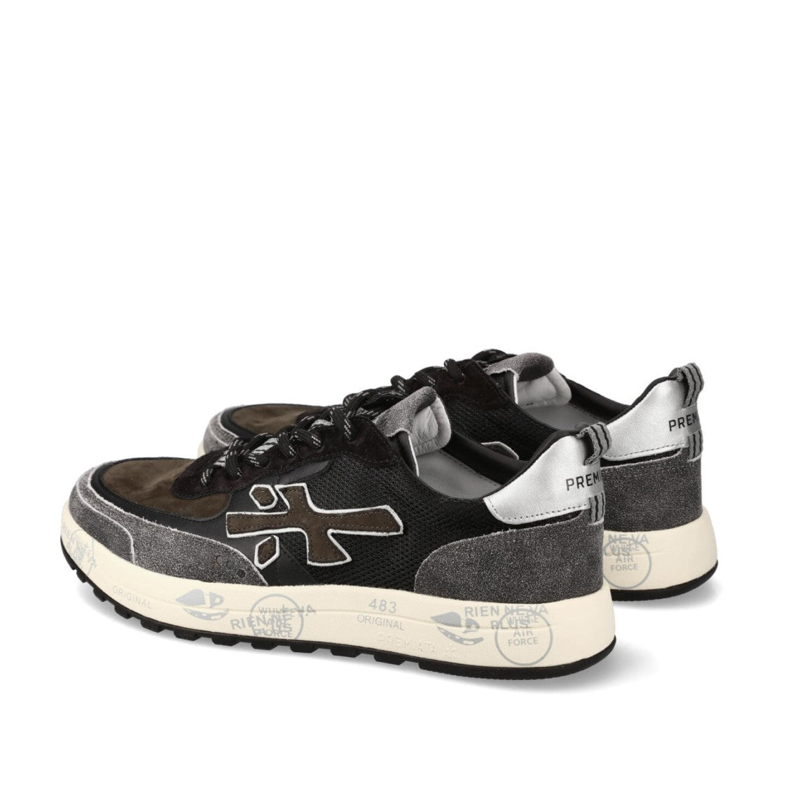 Premiata Nous Sneakers In Grey Crackle-Effect Leather, Brown Nubuck
