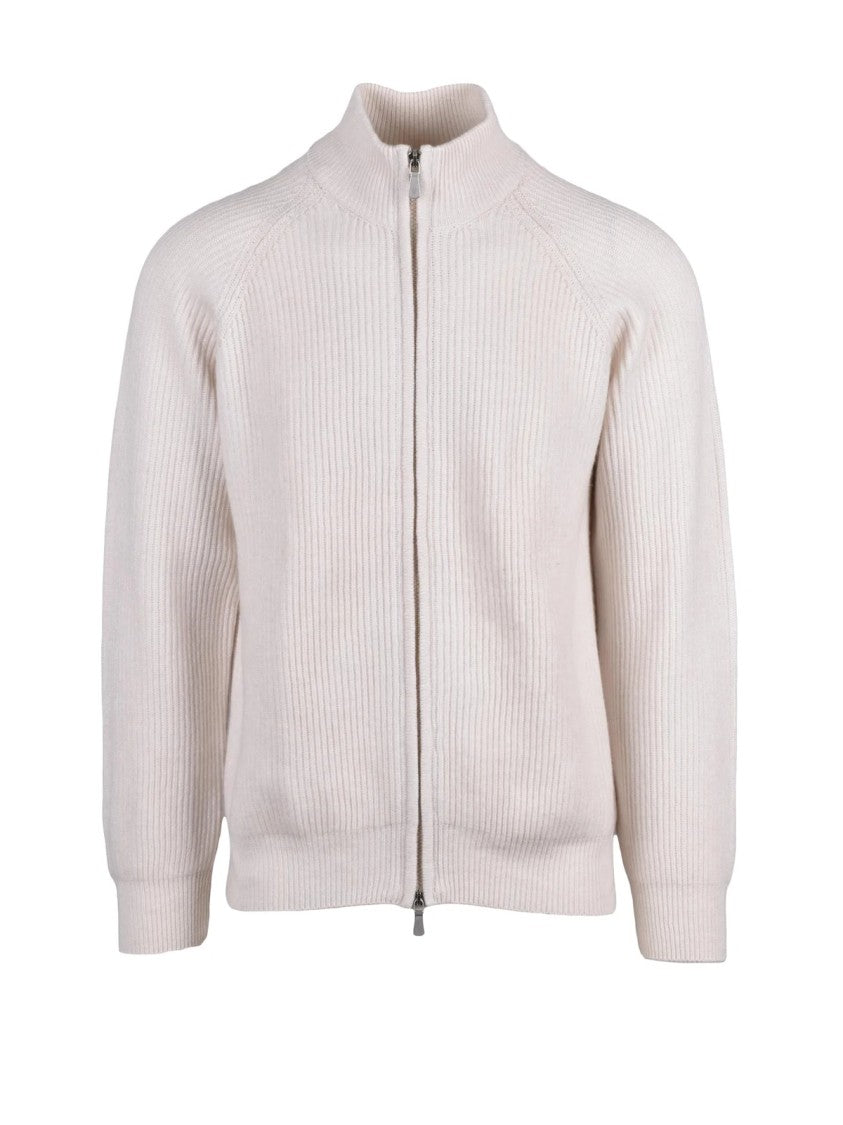 Eleventy White Ribbed High Collar Cashmere Zip Cardigan