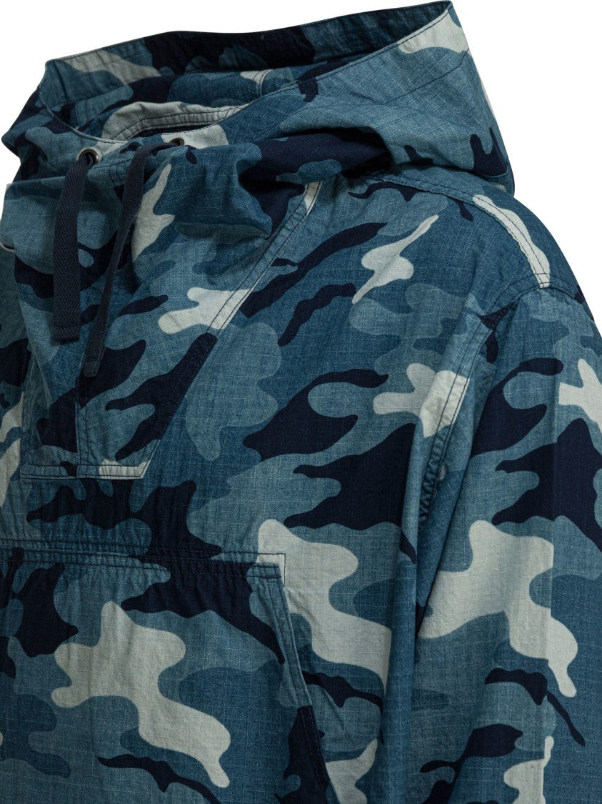 Beams Plus Blue Camouflage Jacket With Adjustable Hood And Kangaroo Pocket