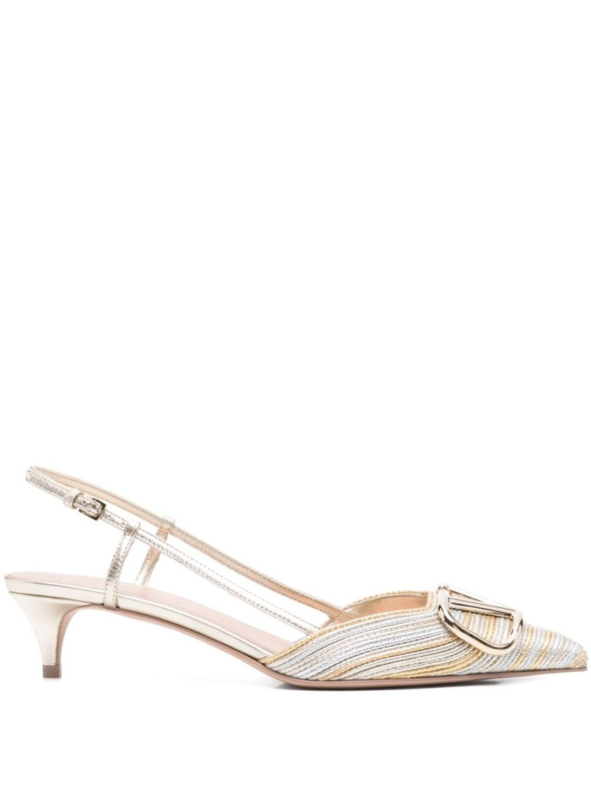 Valentino Garavani Vlogo Signature Silver Leather Pumps With Pointed Toe And Side Buckle