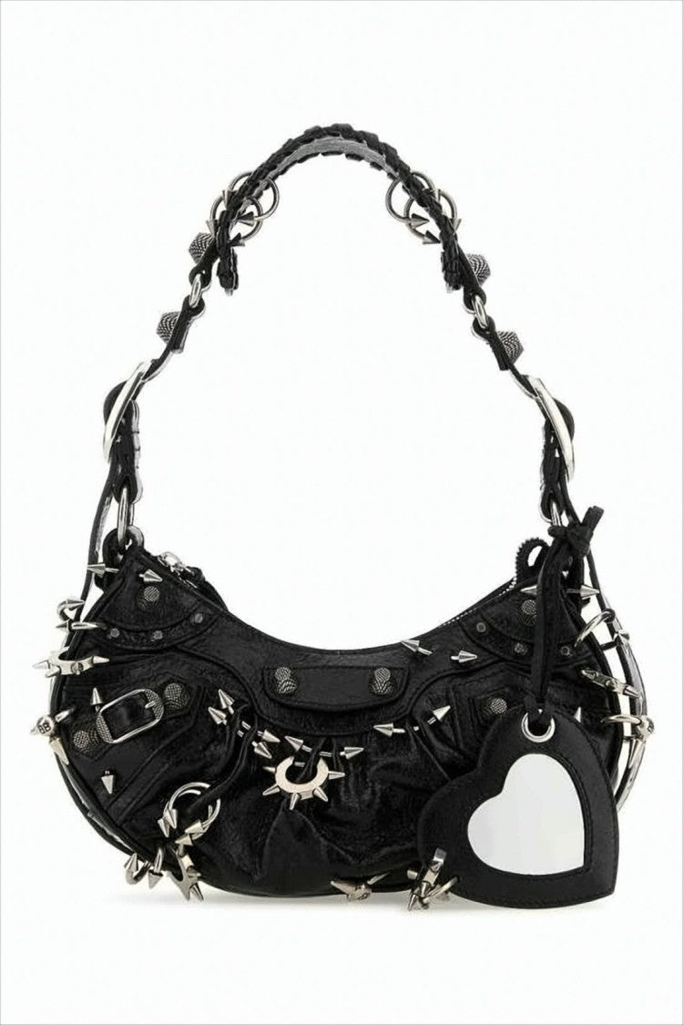 Balenciaga Edgy Black Leather Shoulder Bag With Metal Spikes And Heart Charm
