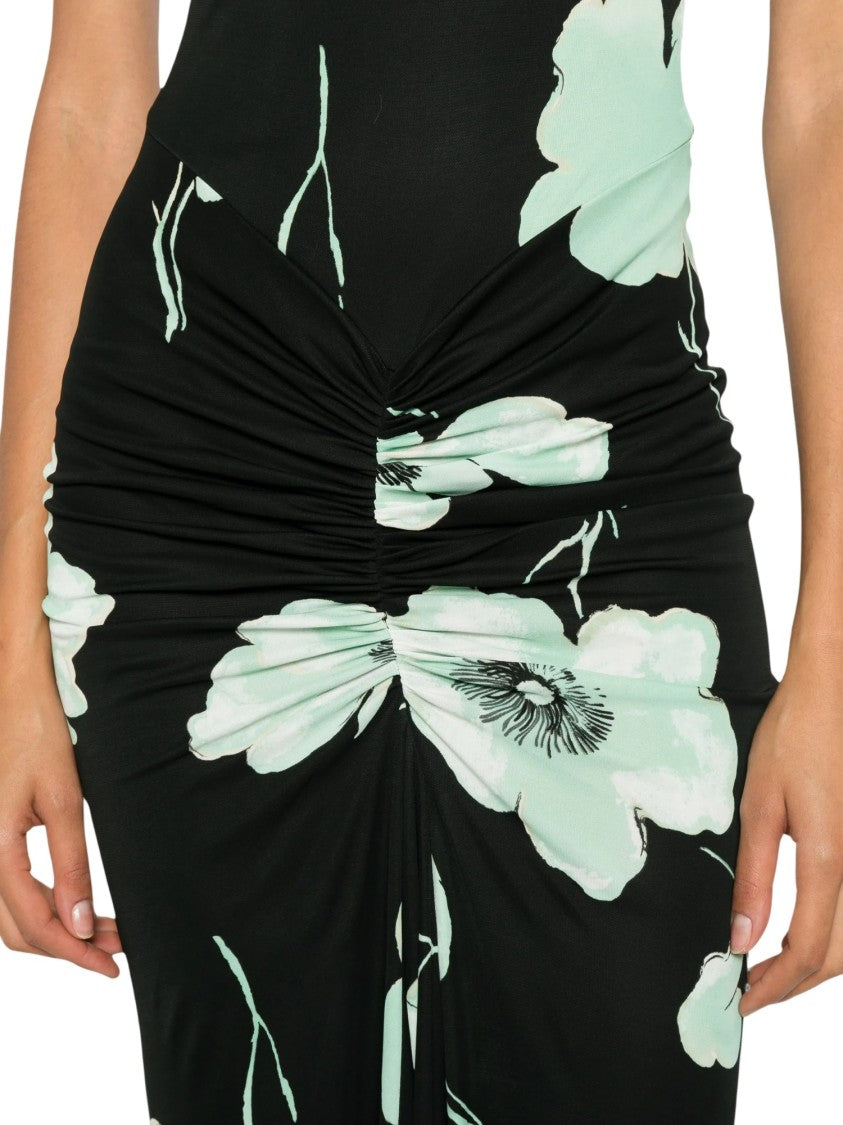 Alaïa Black Jersey Draped Sakura Printed Midi Dress