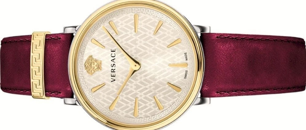 Versace 38Mm Red Calf Leather Watch With Silver Dial And Swiss Movement