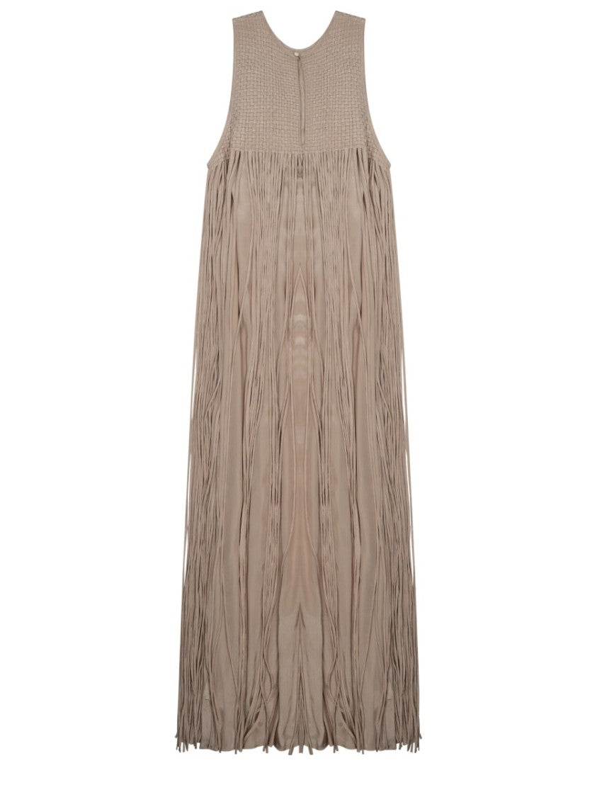 Alysi Neutrals Knitted Fringed Viscose Maxi Dress