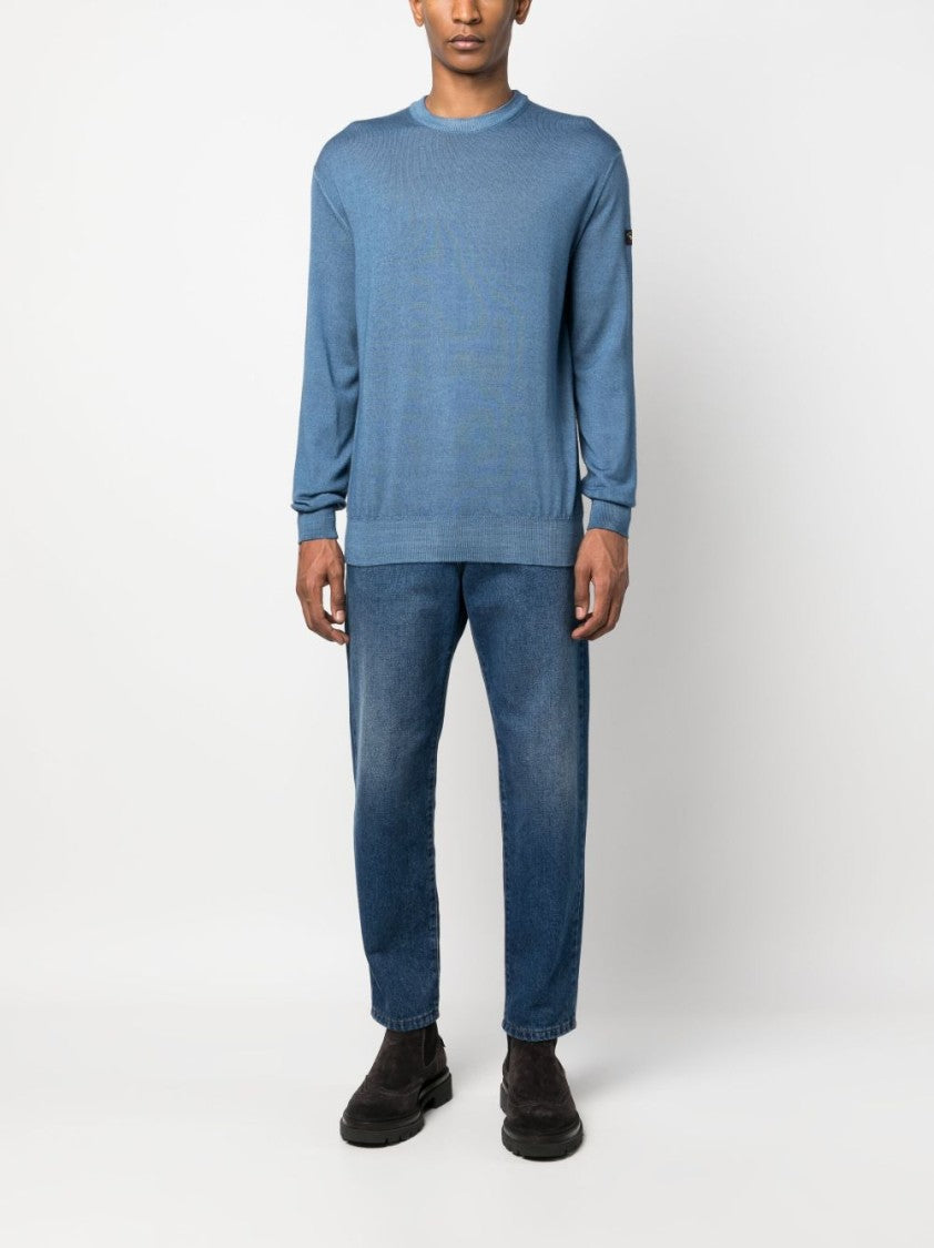 Paul & Shark Muted Blue Crew Neck Wool Sweater With Ribbed Cuffs