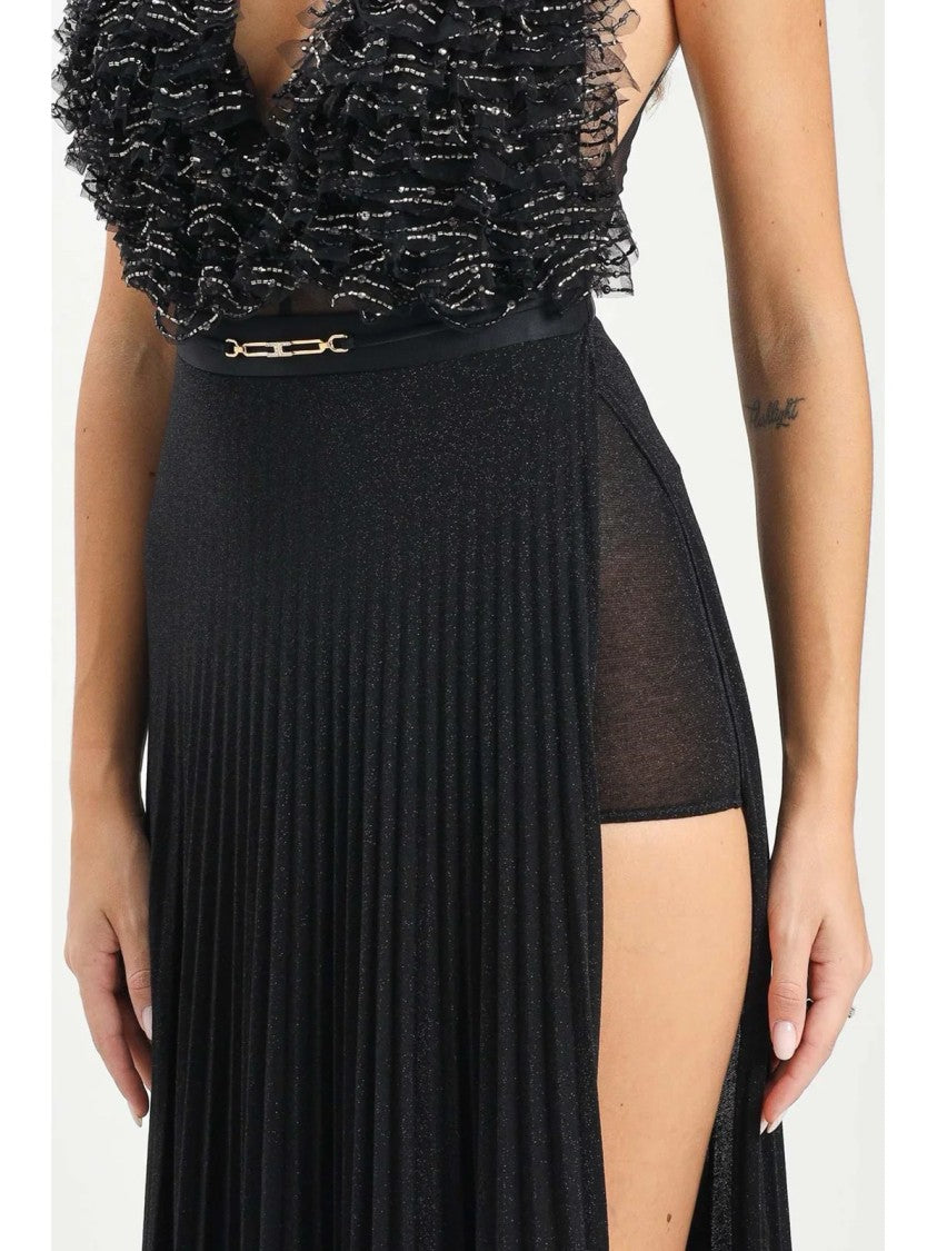 Red Carpet E. Franchi Pleated Maxi Dress With Embroidered Bodice And High Slit