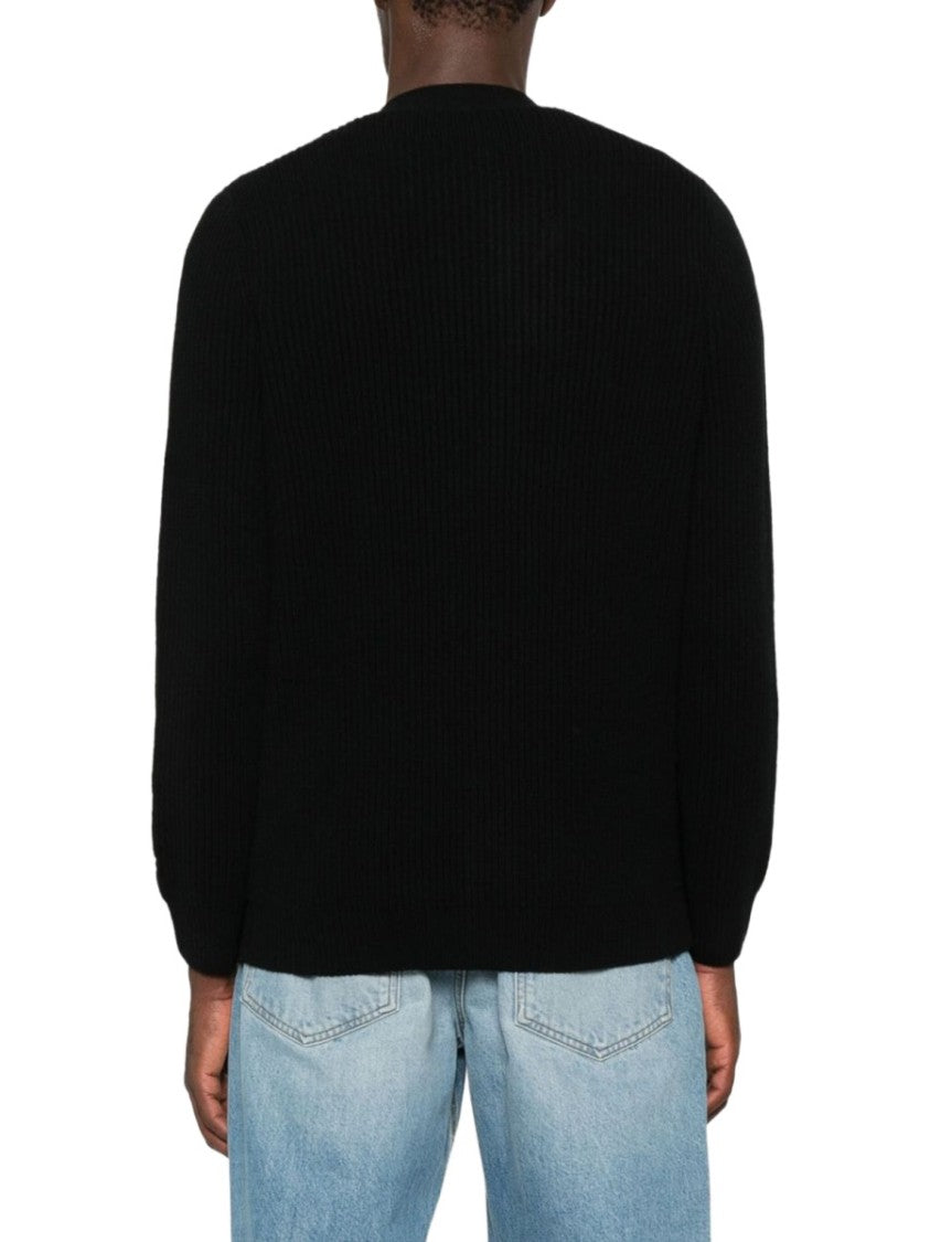 Mc2 Saint Barth Black Ribbed Knit Wool Cardigan