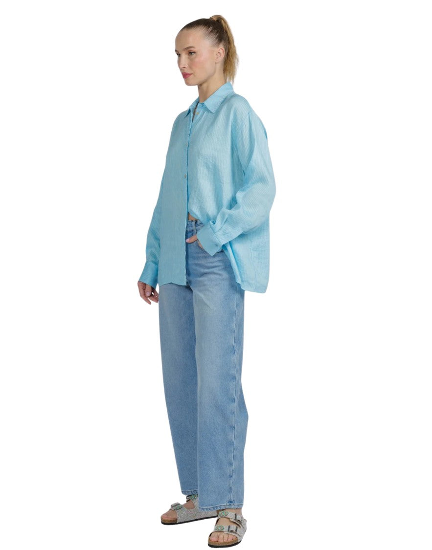 Forte Forte Turquoise Pinstripe Linen-Blend Embroidered Shirt