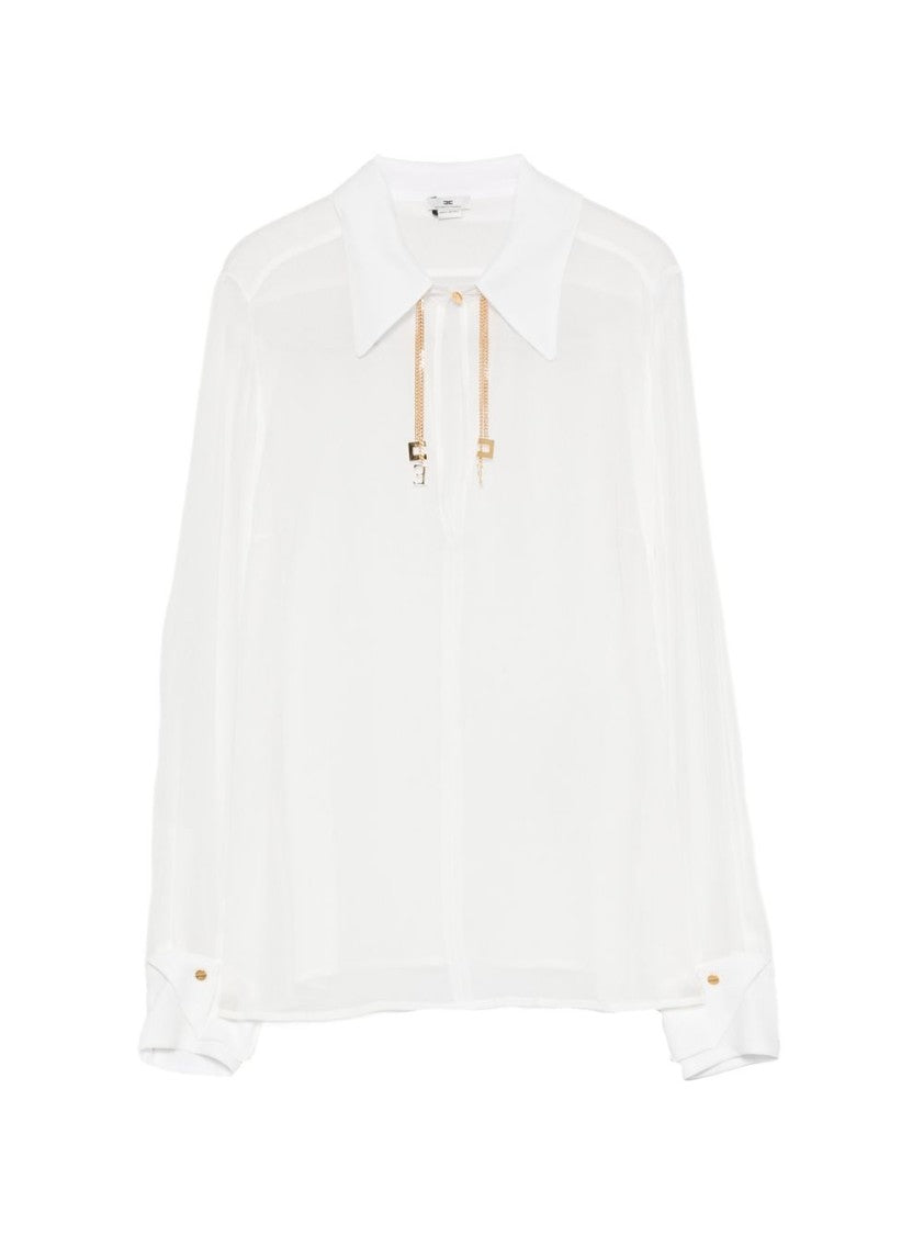 Elisabetta Franchi White Sheer Long-Sleeved Gold Chain Blouse