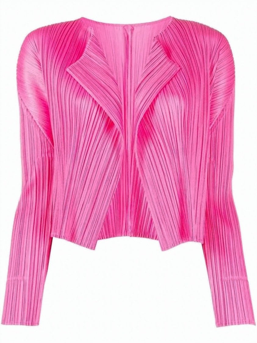 Pleats Please Cropped Pink Cardigan With Pleated Texture