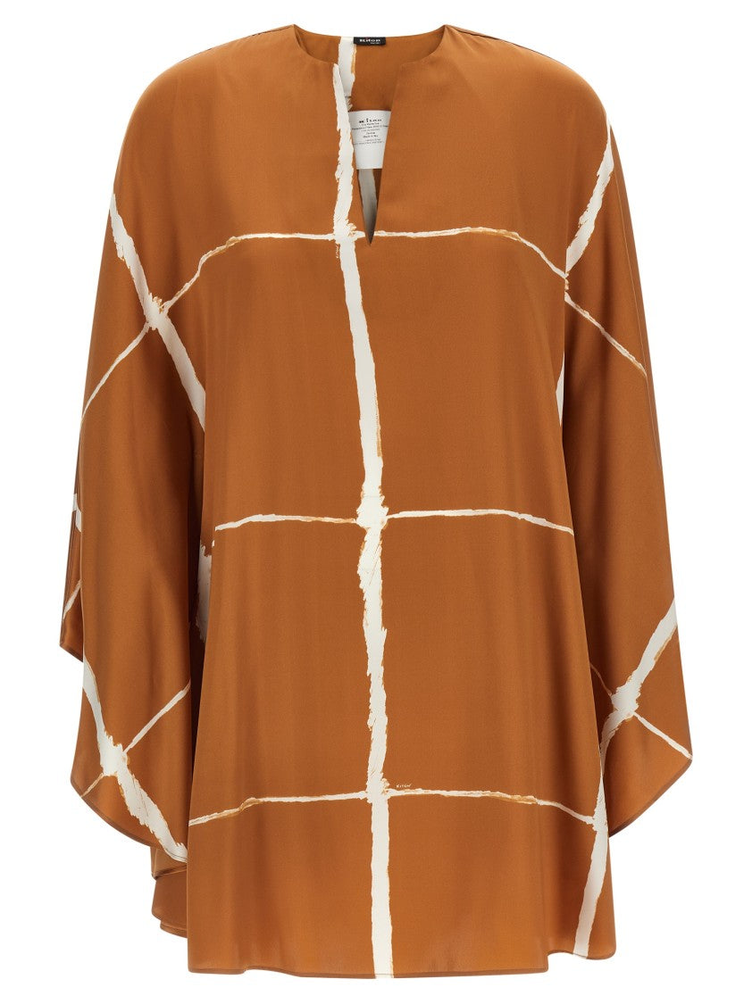 Kiton Silk Satin Caftan Blouse With Graphic Pattern