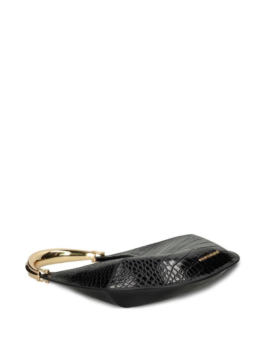 Elisabetta Franchi Crescent-Shaped Black Crocodile-Embossed Shoulder Bag