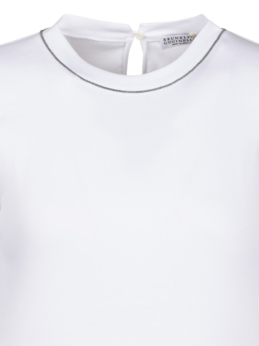 Brunello Cucinelli Fitted White T-Shirt With Contrast Piping And Keyhole Closure