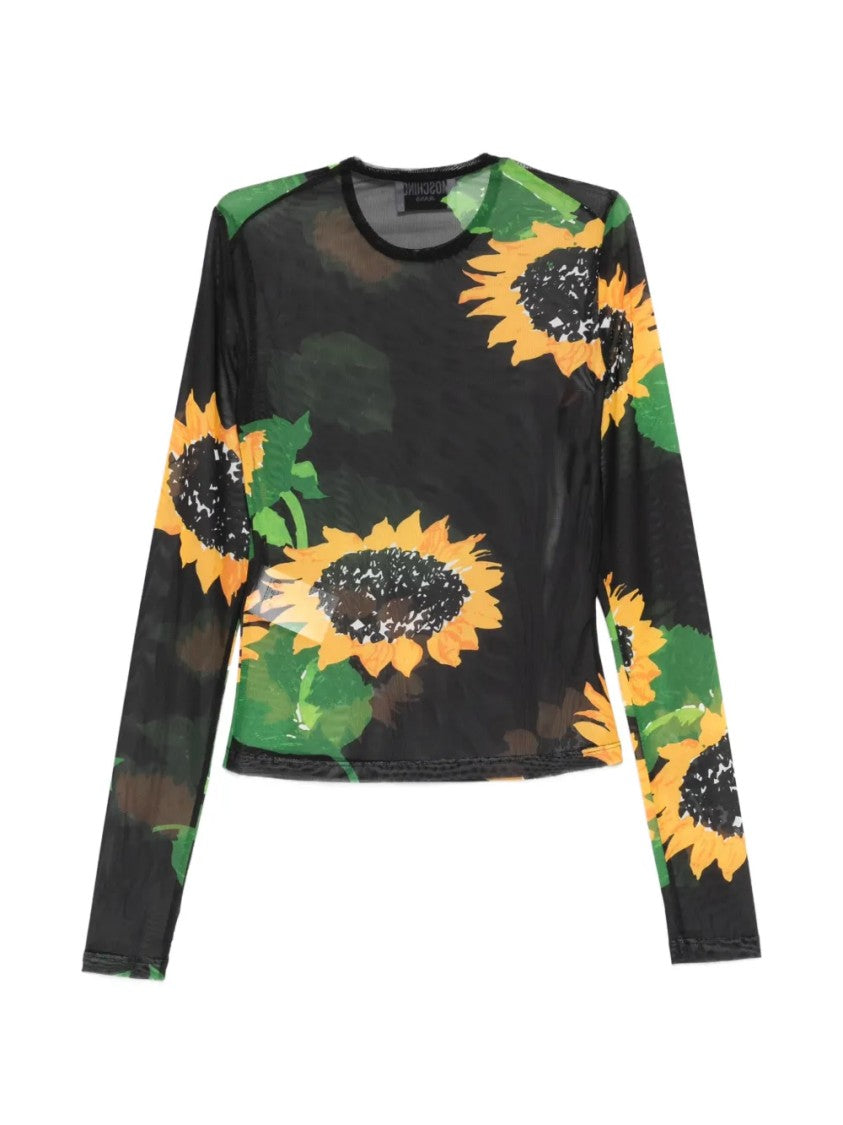 Moschino Sheer Black Long-Sleeve Top With Sunflower Print