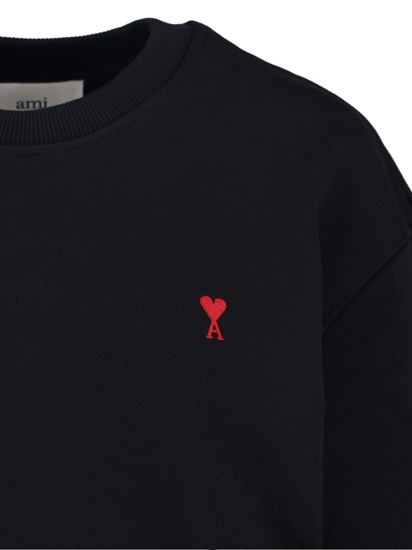 Ami Crewneck Sweatshirt With Red Logo Embroidery And Ribbed Finishes