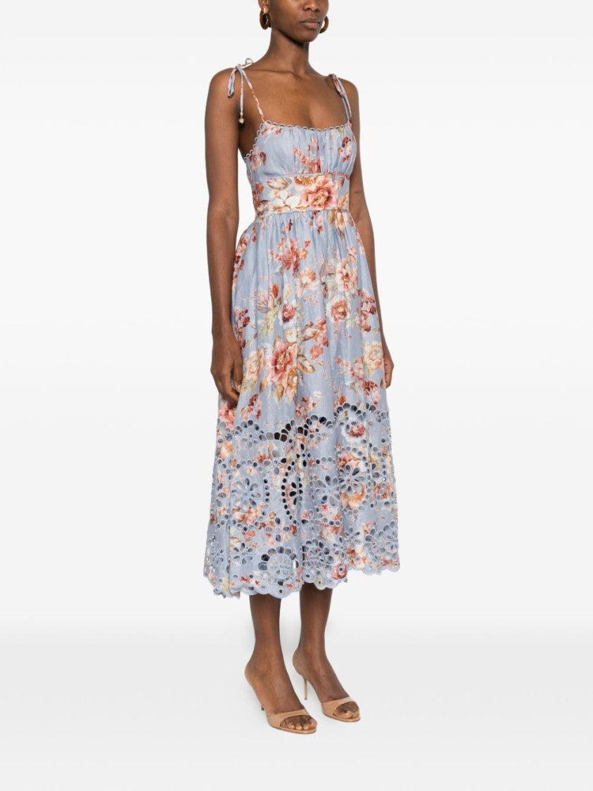 Zimmermann Floral Print Midi Dress With Scalloped Bodice
