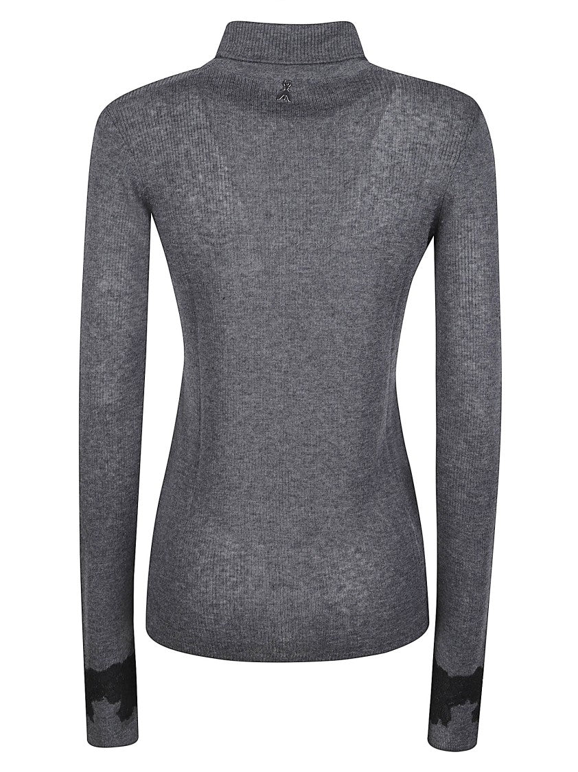 Patrizia Pepe Grey Viscose-Blend Lace Accent Crewneck Sweater