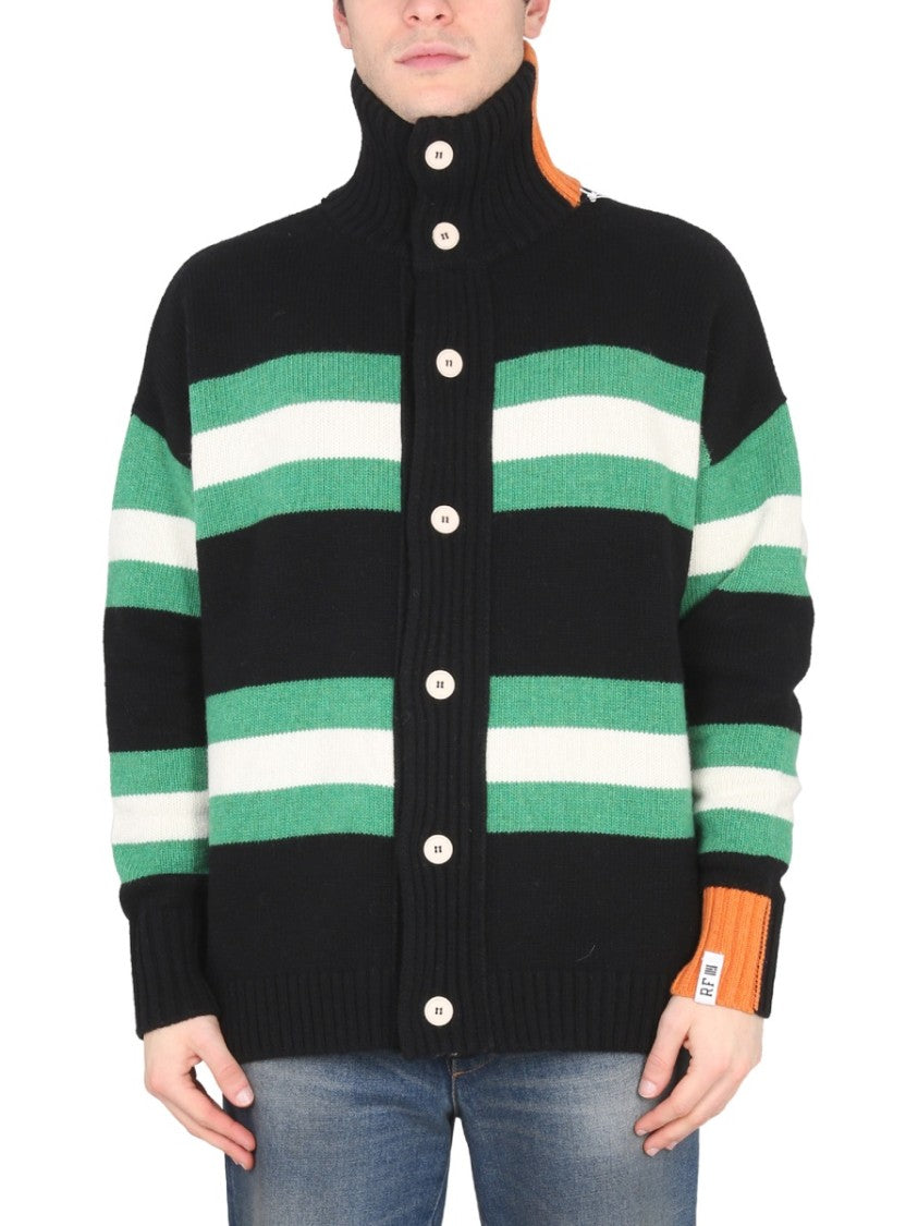 Right For High Neck Button Closure Striped Cardigan