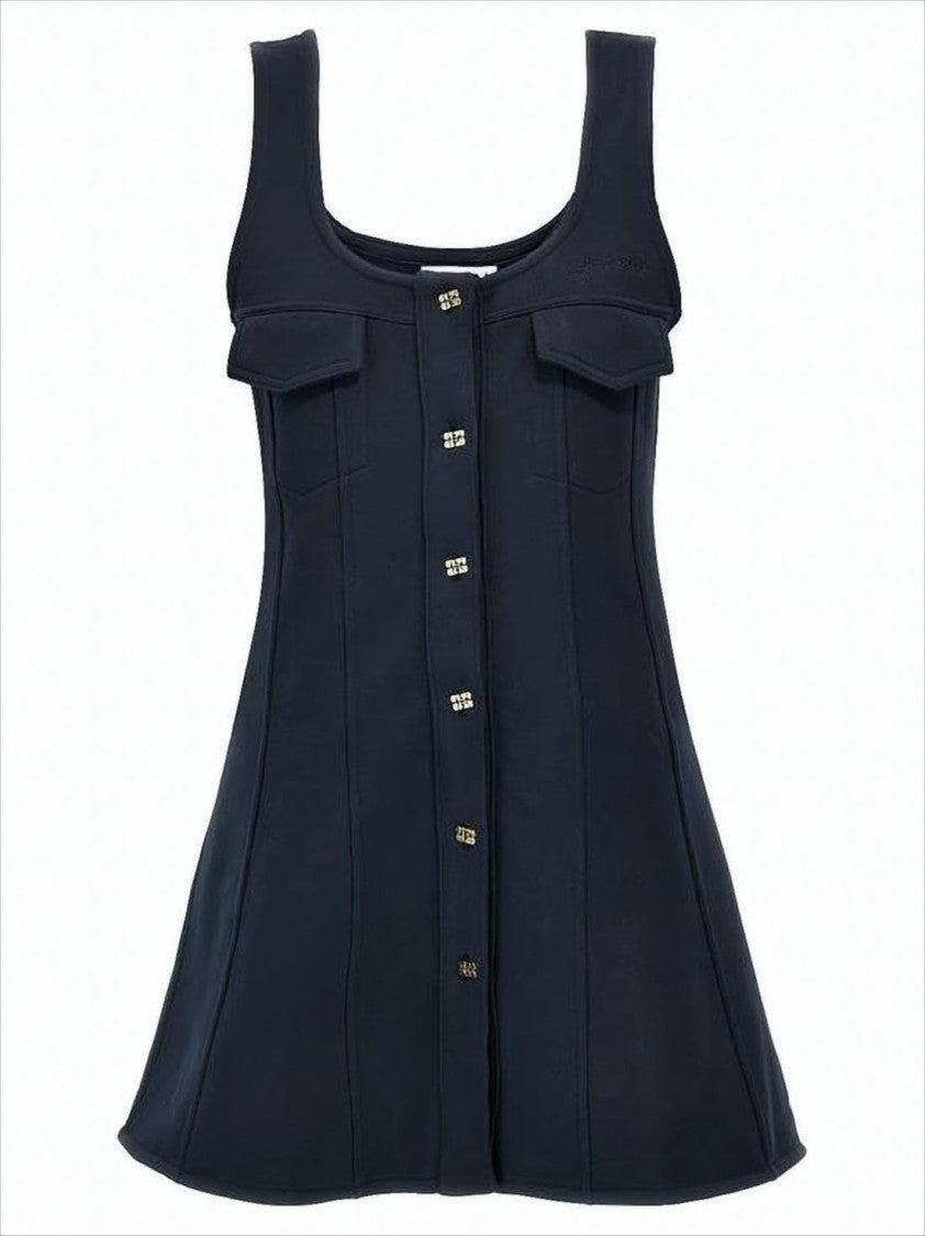 Ganni Structured Black Mini Dress With Flared Hem And Decorative Pockets