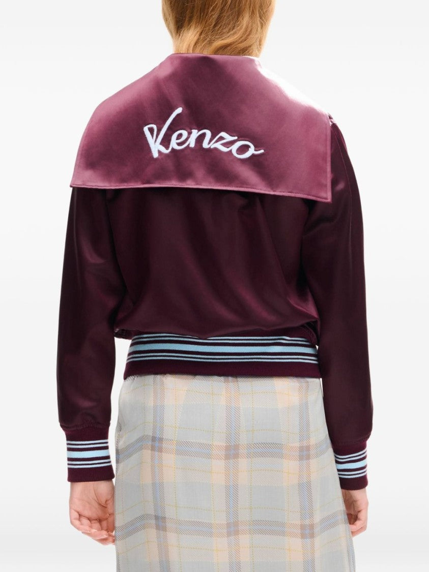 Kenzo Cropped Burgundy Satin Jacket With Sailor Collar And Embroidered Logo
