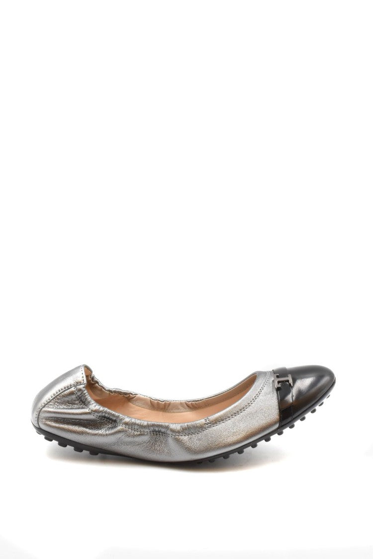 Tod's Dark Gray Elasticated Contrast Cap Toe Metallic Leather Flats
