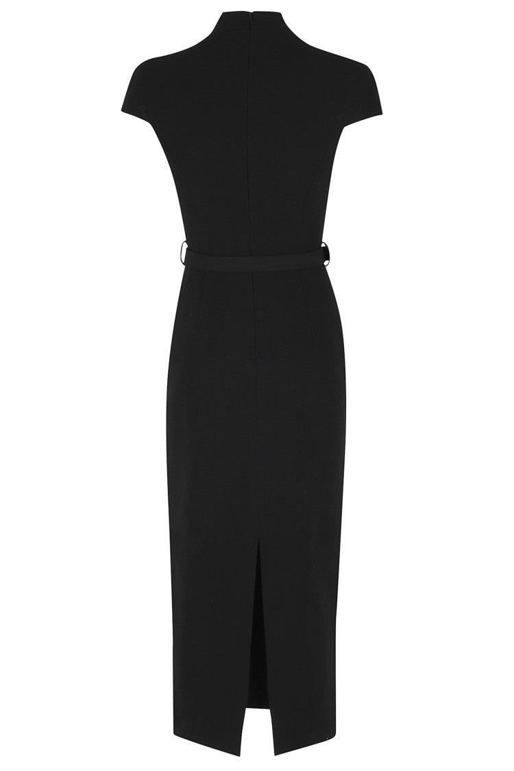 Self-Portrait Black Bow Jeweled Buttons Wool Crepe Midi Dress