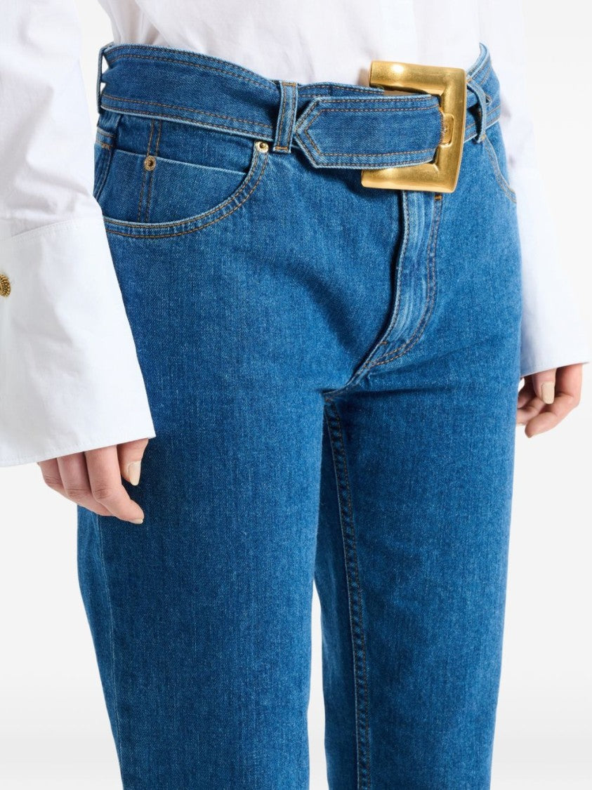 Balmain Straight-Leg Denim Jeans With Oversized Gold Buckle Belt