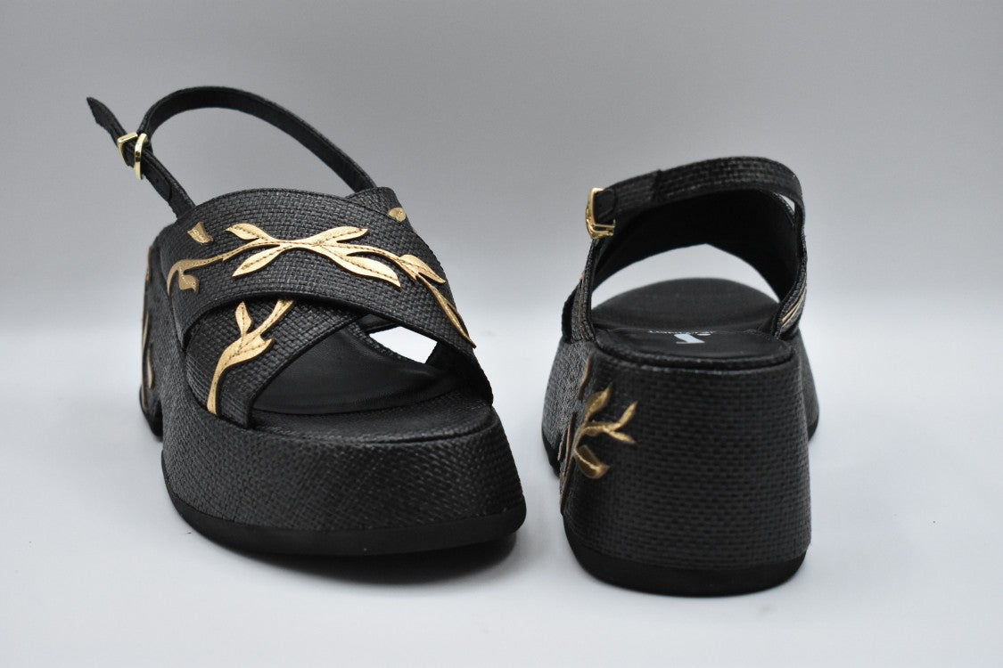 Jeannot Textured Black Wedge Sandals With Gold Leaf Detailing
