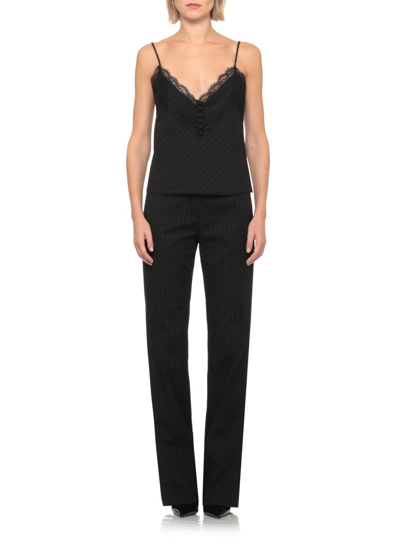The Andamane Black Pinstriped Lace-Trim Tank Top