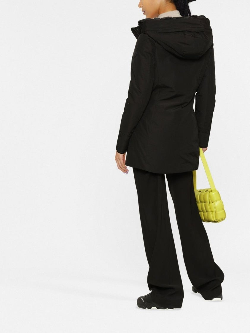 Woolrich Thigh-Length Black Coat With Classic Hood And Logo Patch