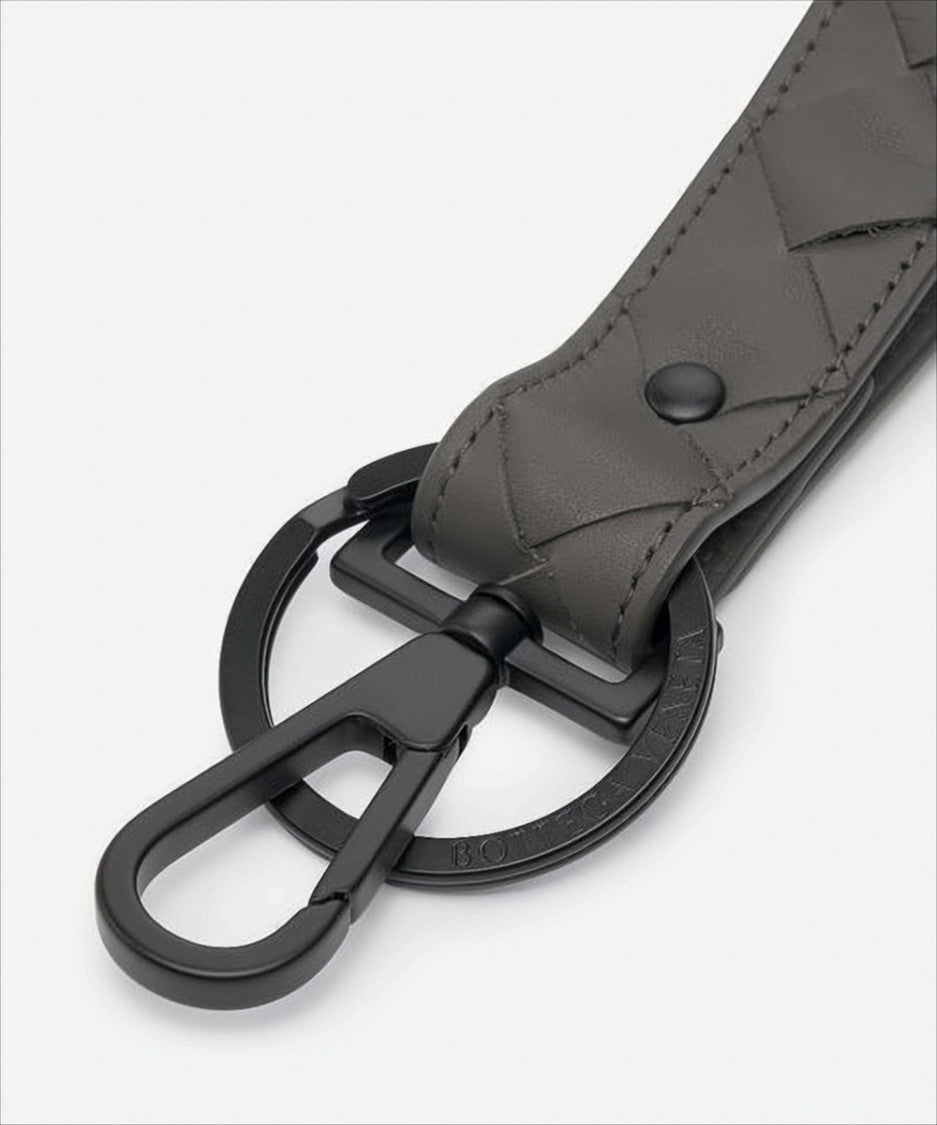 Bottega Veneta Looped Leather Keyring With Woven Pattern And Matte Black Clasp