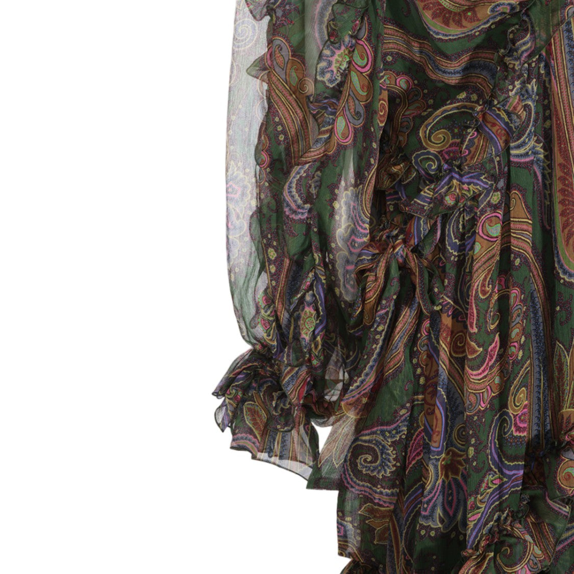 Etro Sheer Billowy Sleeves Ruffled Neck Maxi Dress