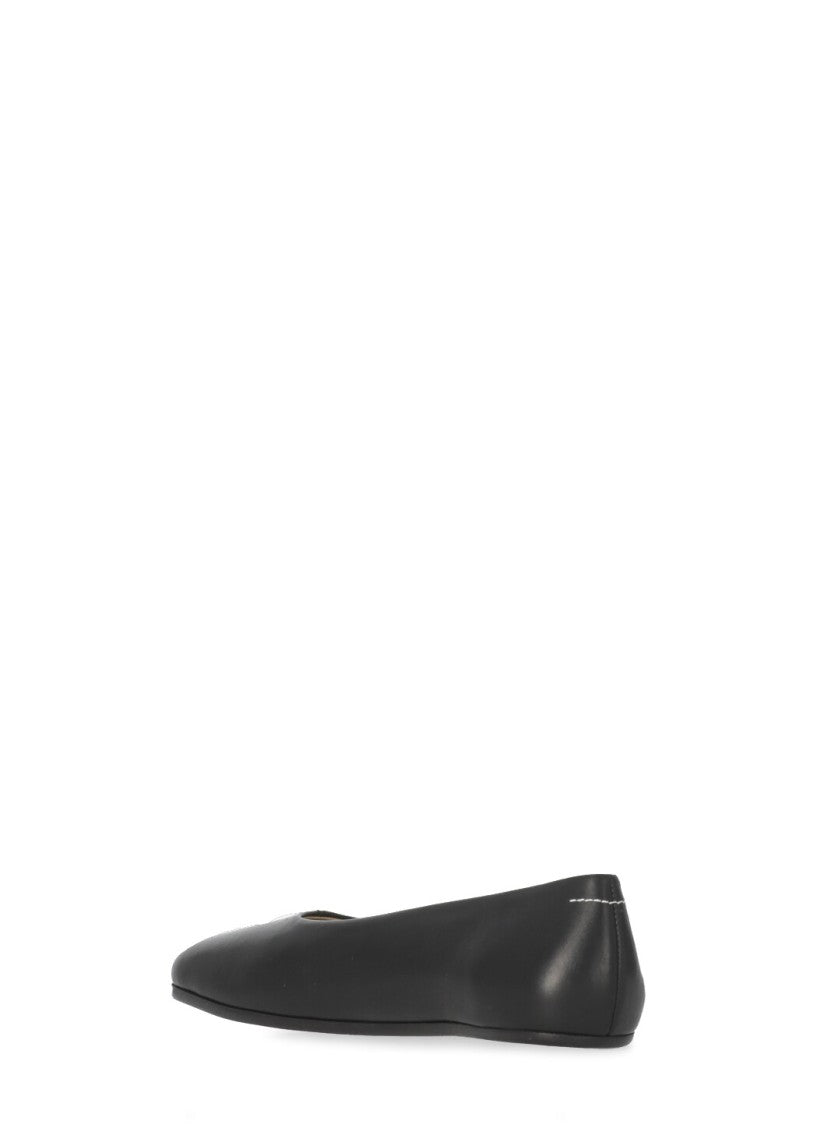 Mm6 By Maison Margiela Black Leather Ballerinas With Square Toe And Iconic Stitches