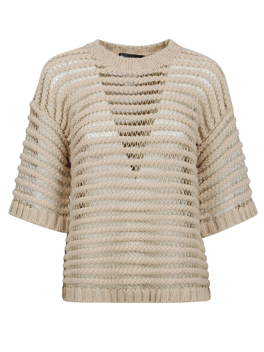 Fabiana Filippi Open-Knit Beige Sweater With Ribbed Edges