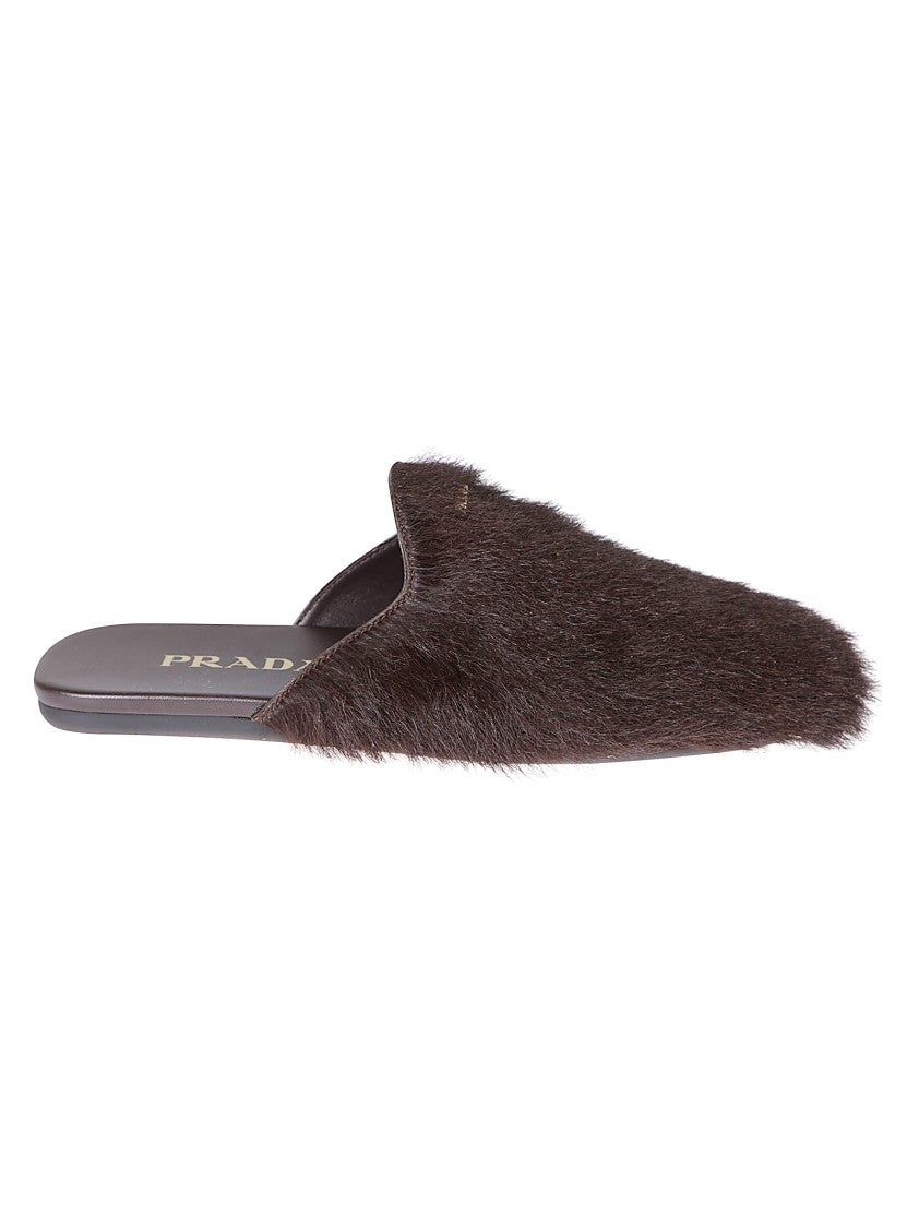 Prada Textured Dark Fur Slip-On Flats With Pointed Toe