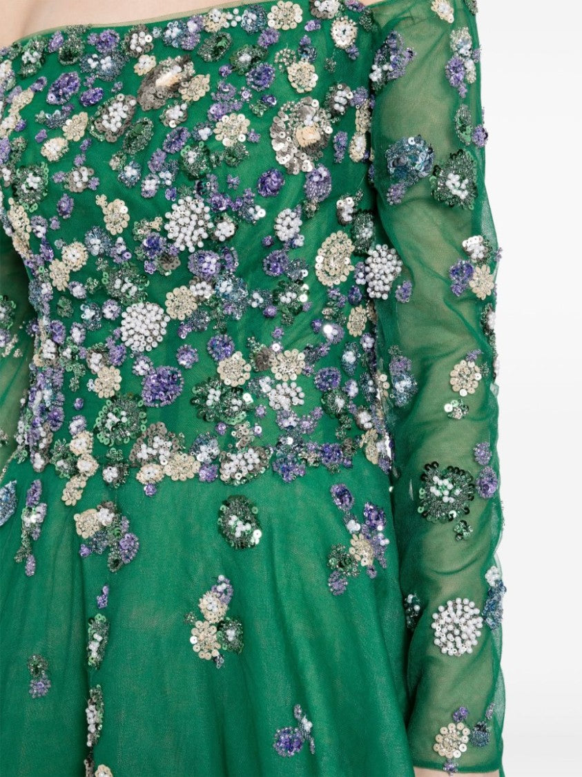 Saiid Kobeisy Tulle Beaded Dress With Off-Shoulder Sleeves