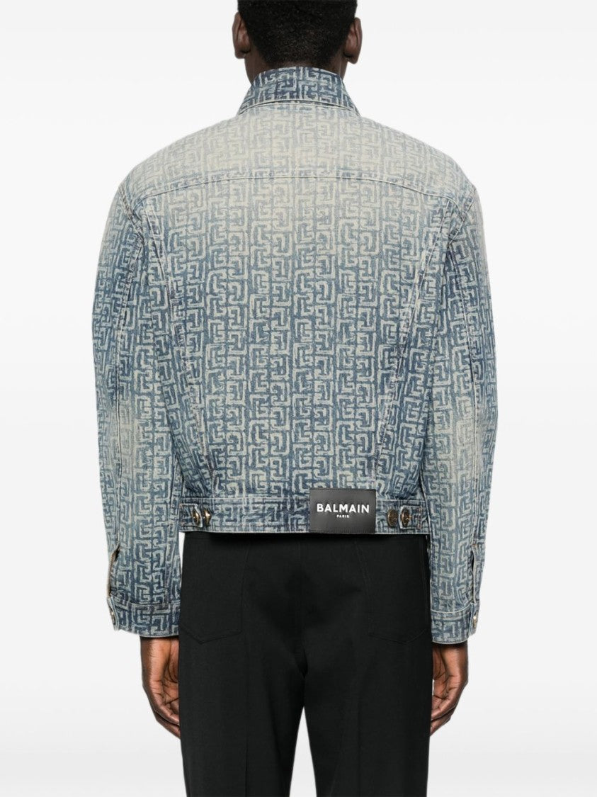 Balmain Faded Blue Monogram Denim Zip Jacket