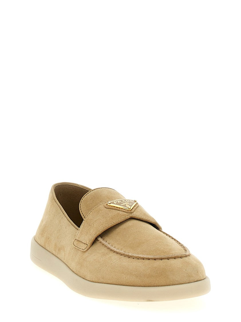 Prada Brown Suede Loafers With Enameled Metal Logo