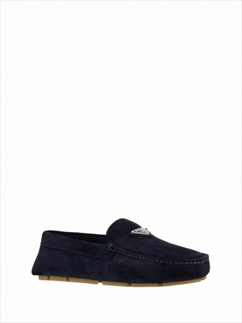 Prada Black Suede Loafers With Metallic Triangle Emblem By Prada