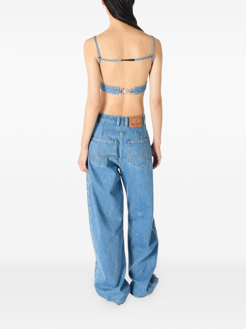 Marine Serre Blue Cropped Denim Cut-Out Top