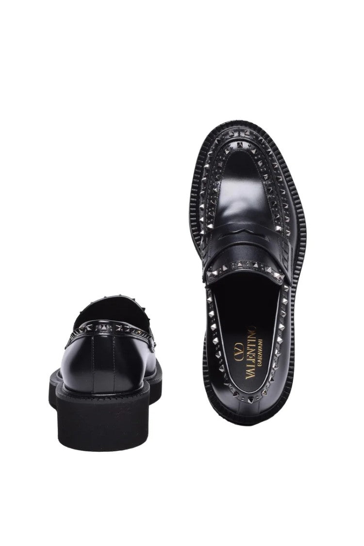 Valentino Garavani Black Rockstud Leather Rubber-Sole Loafers